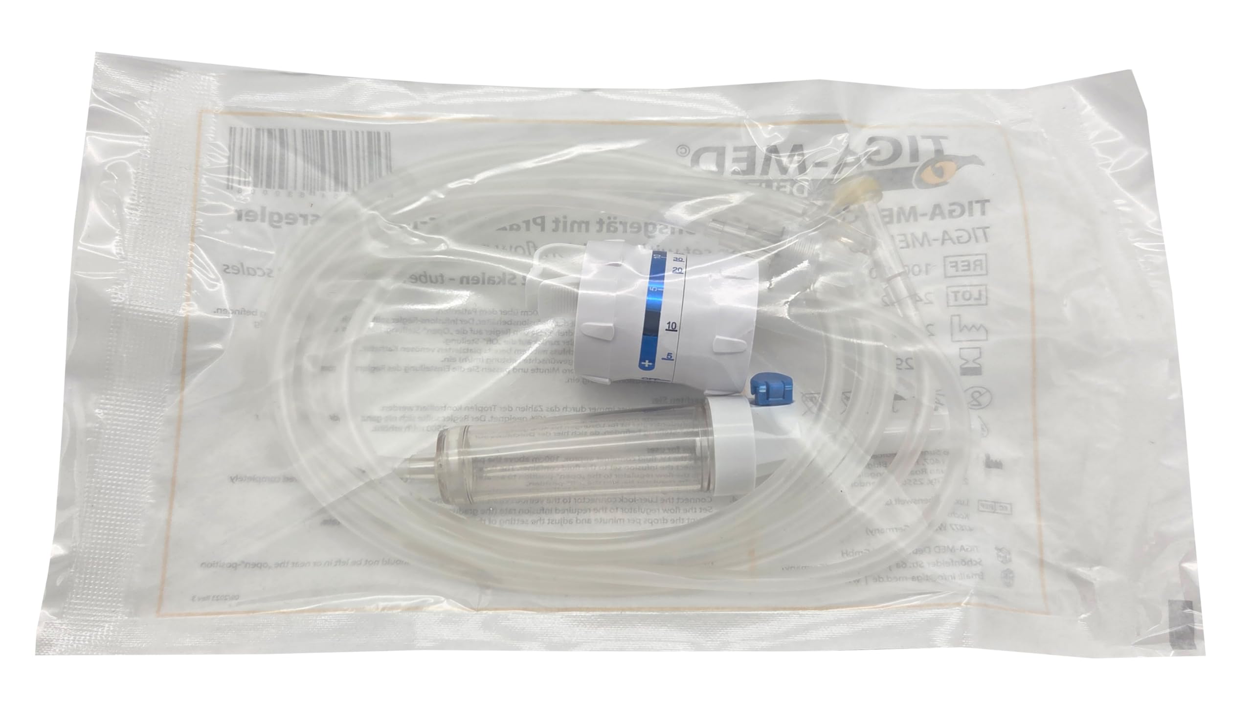 TIGA-MED Infusionsregler mit Präzisions-Drehregler/Tropfenzähler | 10/25/50/100 Stück | mit 2 Skalen | Schlauchlänge 180cm | steril | Infusionssystem mit Tropfenregler (50)