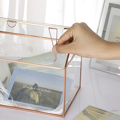 Miniatura 7 de ELLDOO Caja de tarjeta de boda de cristal de oro rosa de 8.8 pulgadas, cajas de regalo de cristal, terrario geométrico transparente con tapa, caja