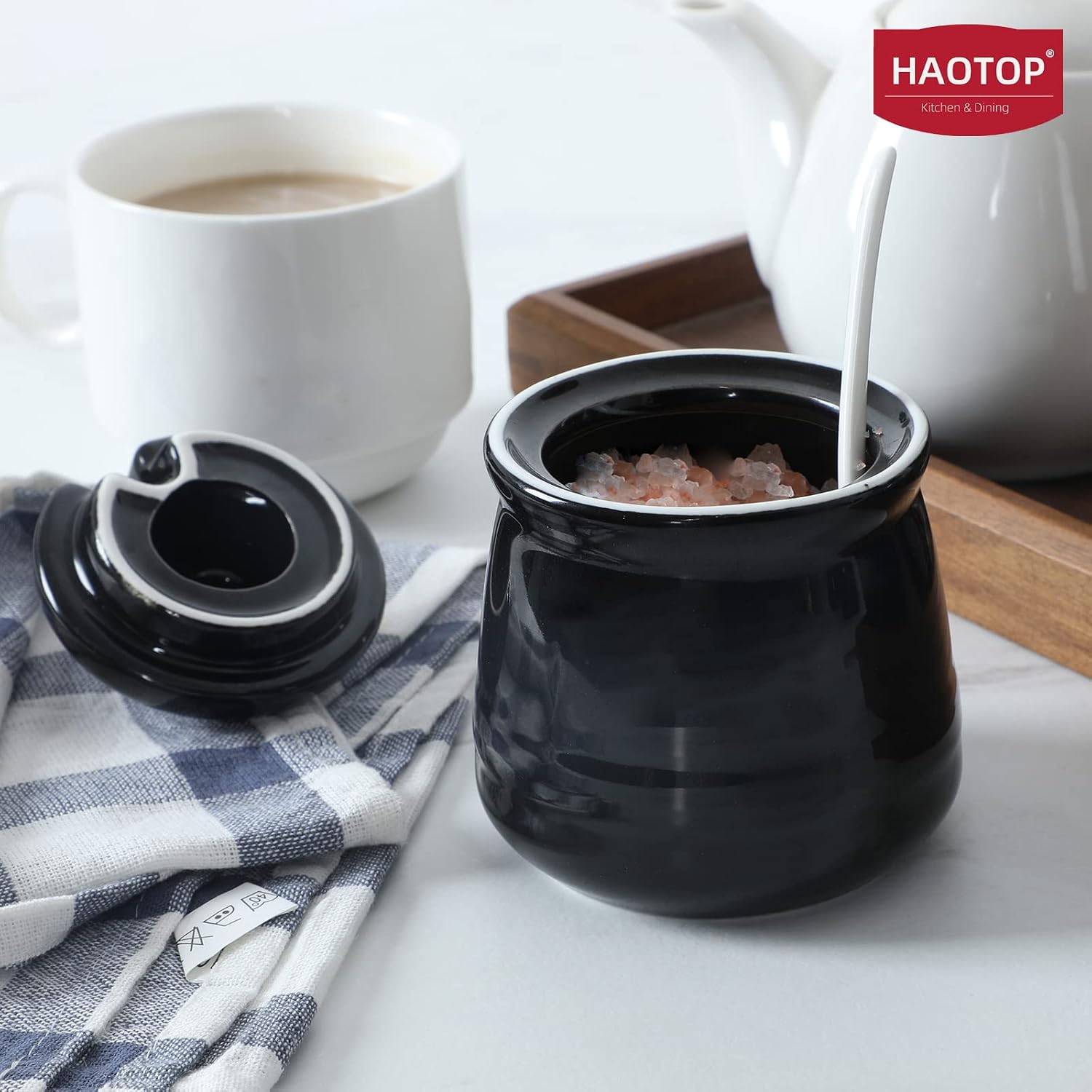 Porcelain Salt Bowl with Lid and Spoon,Ceramic Sugar Bowl 12oz (Black) image 4