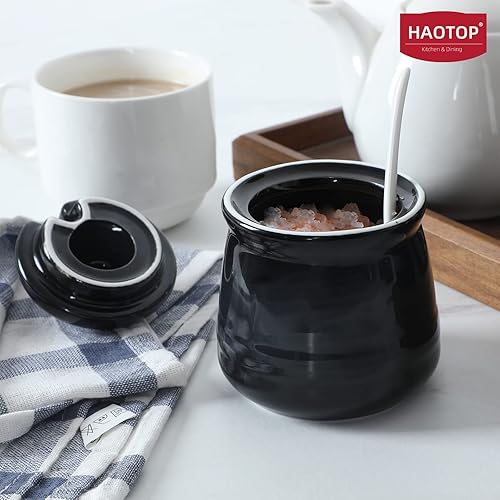 Miniatura 4 de HAOTOP Tazón de sal de porcelana con tapa y cuchara, azucarero de cerámica de 12 onzas (negro)