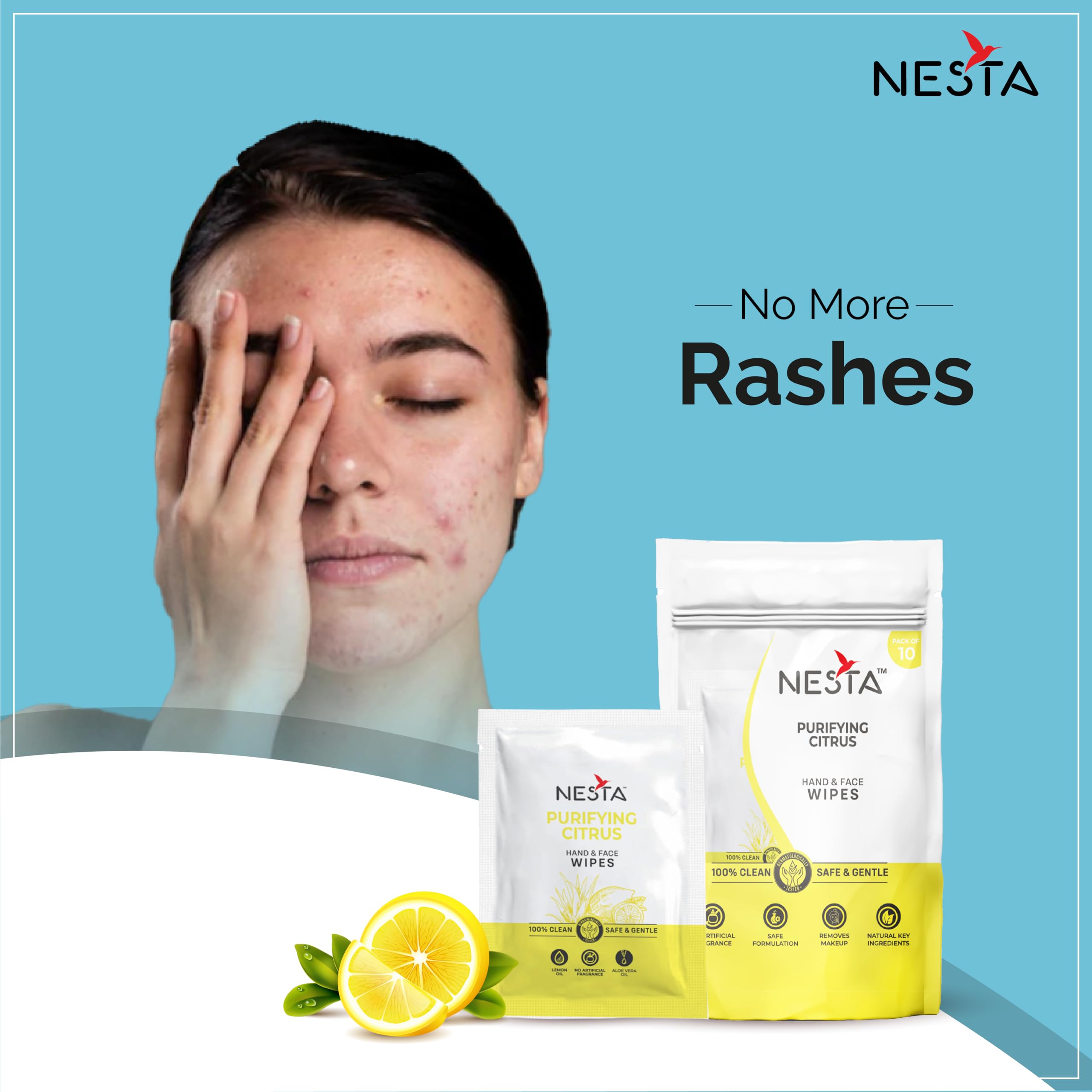 Nesta Pocket Size Facial Wet Wipes, Individually Wrapped (10x5 Packs) 50 Wipes | Citrus & Aloe Vera | Instant Freshness, Deep Cleansing & Hydration | Alcohol-Free | Travel Essentials for Men & Women 3