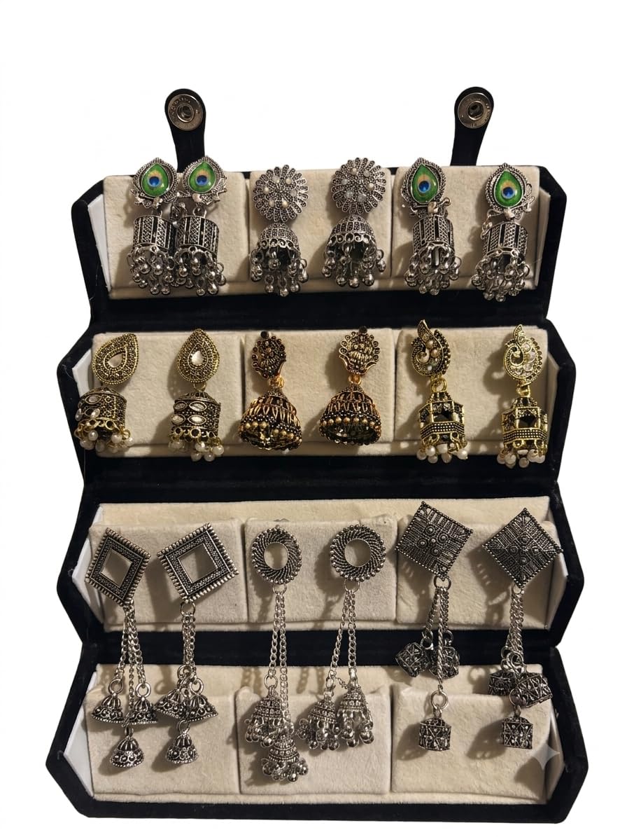 Oxidized Designer Stud Earrings Set of 8 with Folding Jewelry Box | Traditional & Modern Earring Set for Women & Girls-image-32