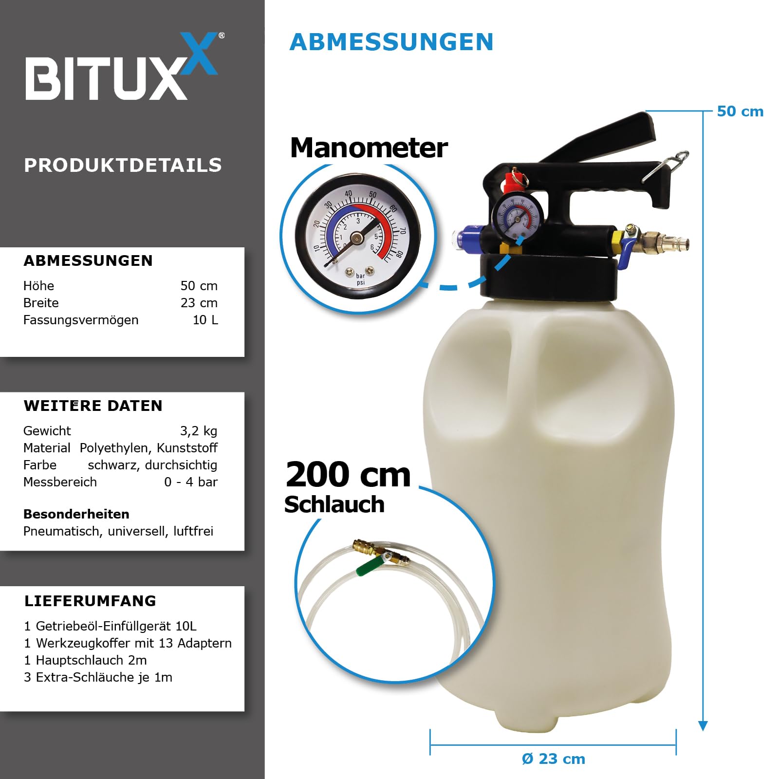 BITUXX Universal Getriebeöl Einfüllgerät Pumpe Öleinfüllgerät Öl Befüllgerät Getriebeölpumpe Ölfüllgerät Druckluft Pneumatisch 10L