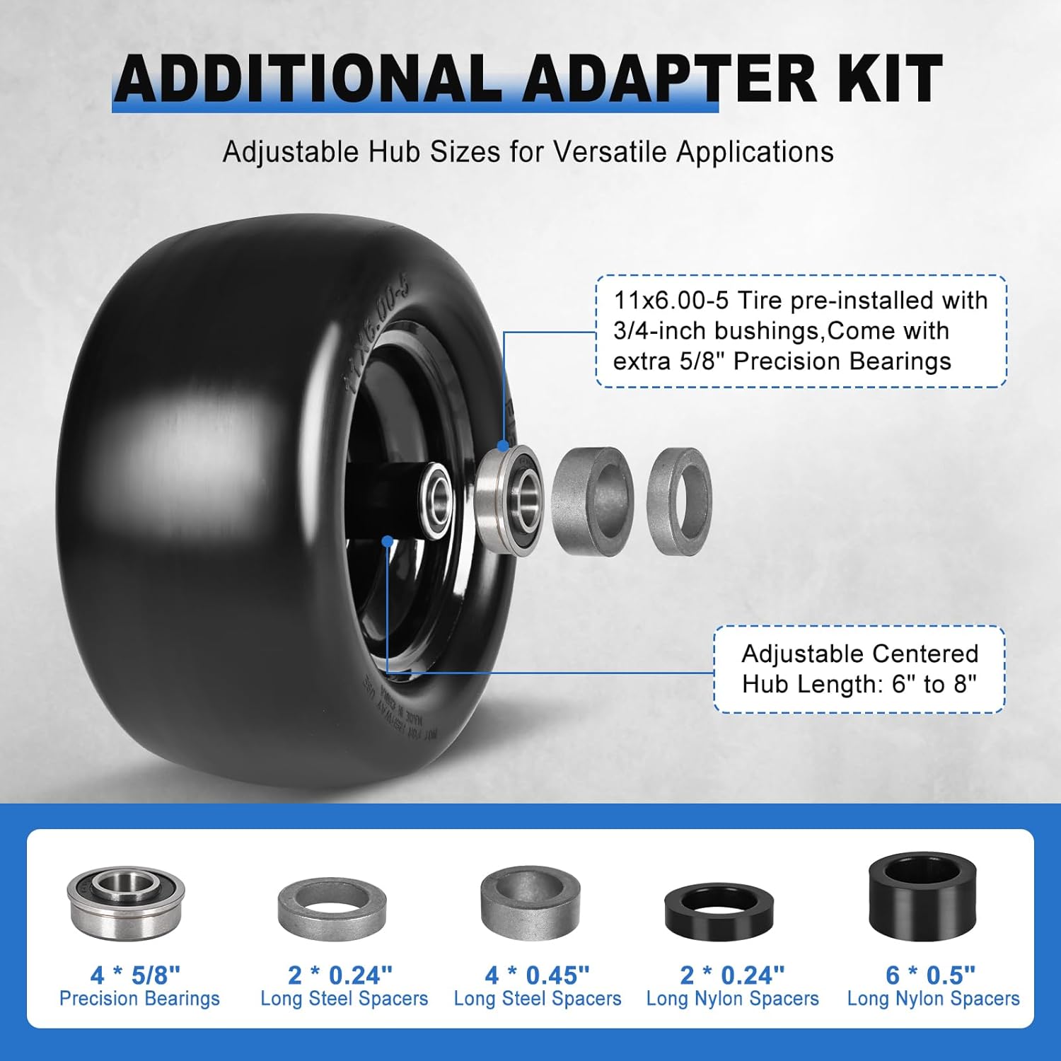 2 Pack 11x6.00-5" Flat Free Tire,Solid Rubber Lawn Mower Tires Kit with 3/4" 5/8" Bushings and 6"- 8" Centered Hub,11x6-5 Tire and Wheel Assemblies for Zero Turn Mower
