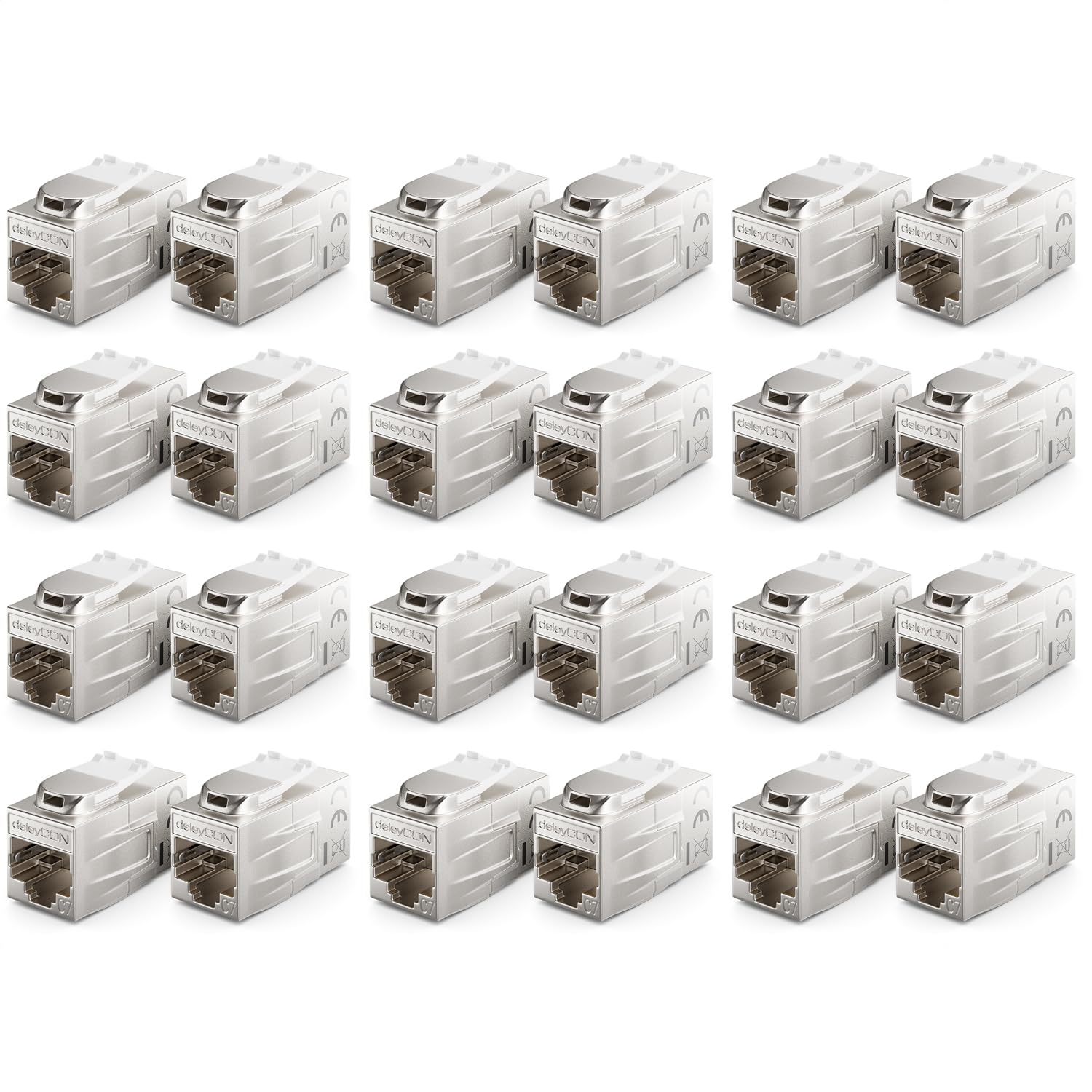 deleyCON 24 Pieza Cat 7 Acoplamiento Keystone Metal 2X RJ45 Conector Conector para Cable de Conexión RJ45 600 MHz 10 Gbps LAN DSL Ethernet y Utilizable como Keystone - Plata