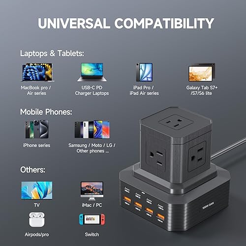 Miniatura 6 de GEEK FULLY Regleta de alimentación con protector de sobretensiones, estación de carga de escritorio, cable de extensión de 6.6 pies con 5 salidas de