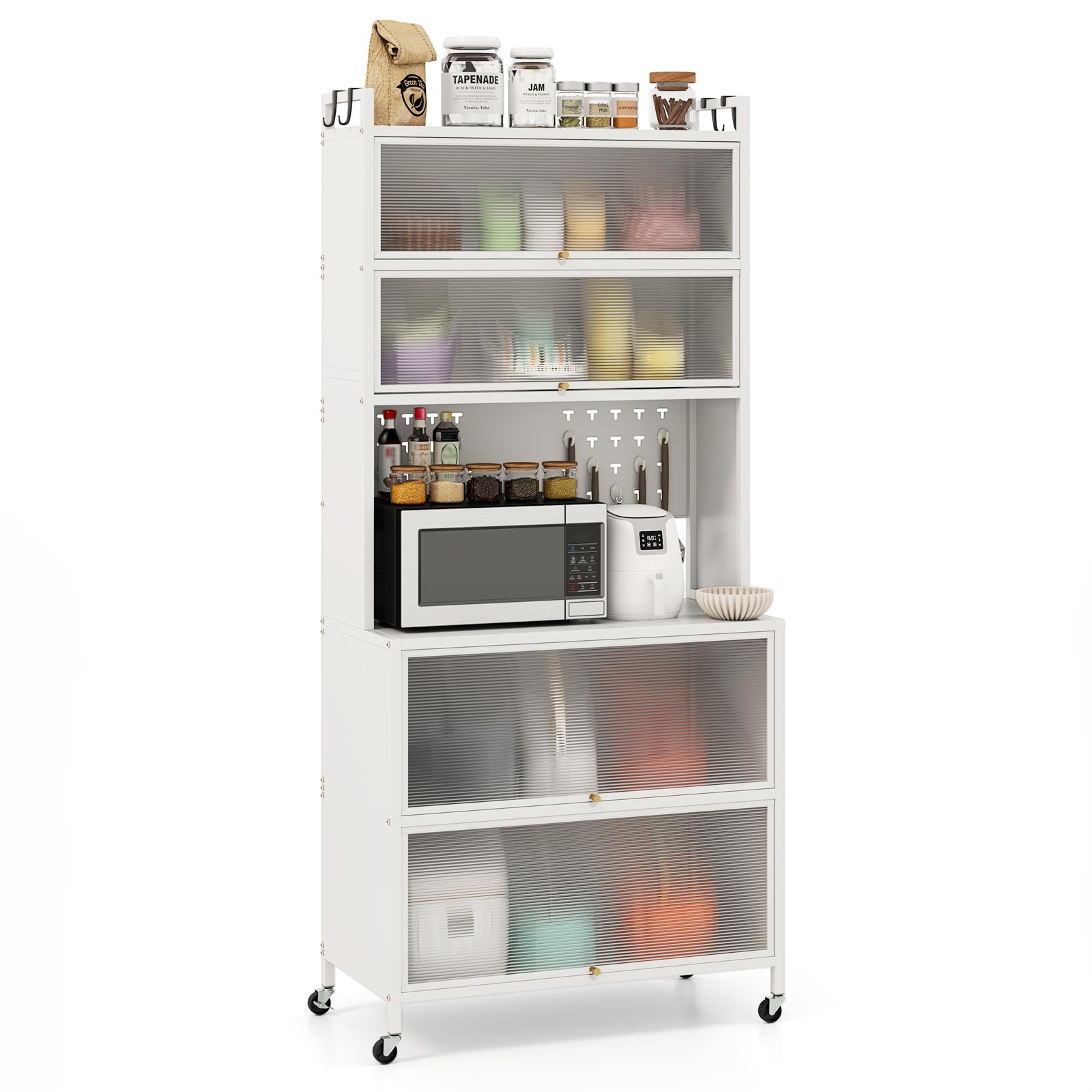 GIANTEX Mobile da Cucina Alto a 6 Livelli, Credenza Cucina con Ruote, 10 Ganci, Ante Pieghevole, Pannello Perforato, Mobile Vetrina in Acciaio, per Soggiorno, Sala da Pranzo