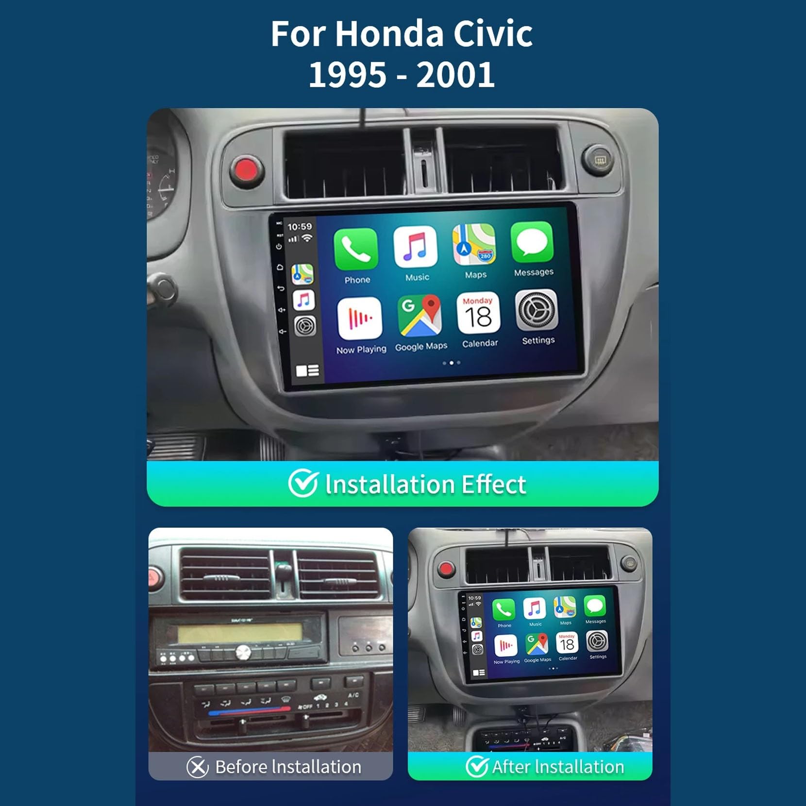 9-calowy, podwójny DIN, samochodowy system stereo z systemem Android 15 do Hondy Civic 1998-2000 z kamerą cofania Car Play, sterowaniem z kierownicy, Bluetooth, GPS, radiem FM i Wi-Fi (C3 4+