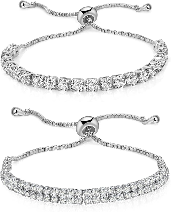 2Pcs Tennis Bracelets Set for Women,18K Plated Filled Real Gold 3mm 4mm Cubic Zirconis Adjustable Wrist Jewelry for Teen Girl Gift