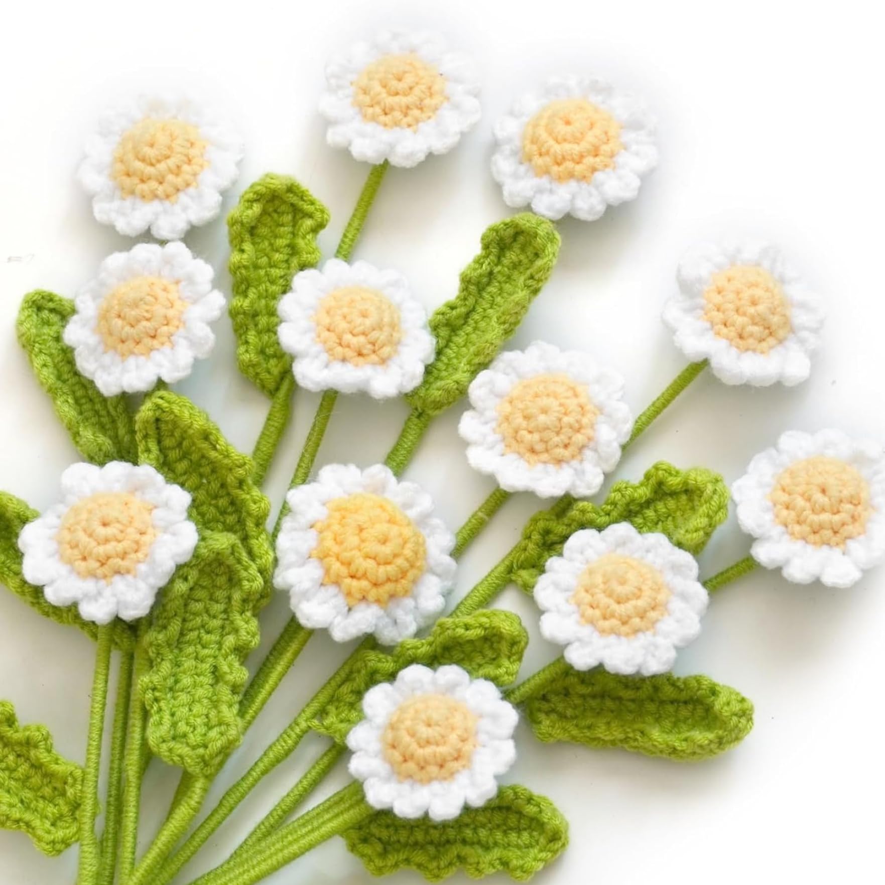 Latemeia White 12Pcs Crochet Flowers, Artificial Daisy Crochet Flower Bouquet, Realistic Flower For Mother's Day Valentines Day Birthday Wedding Home Decor, Flowers