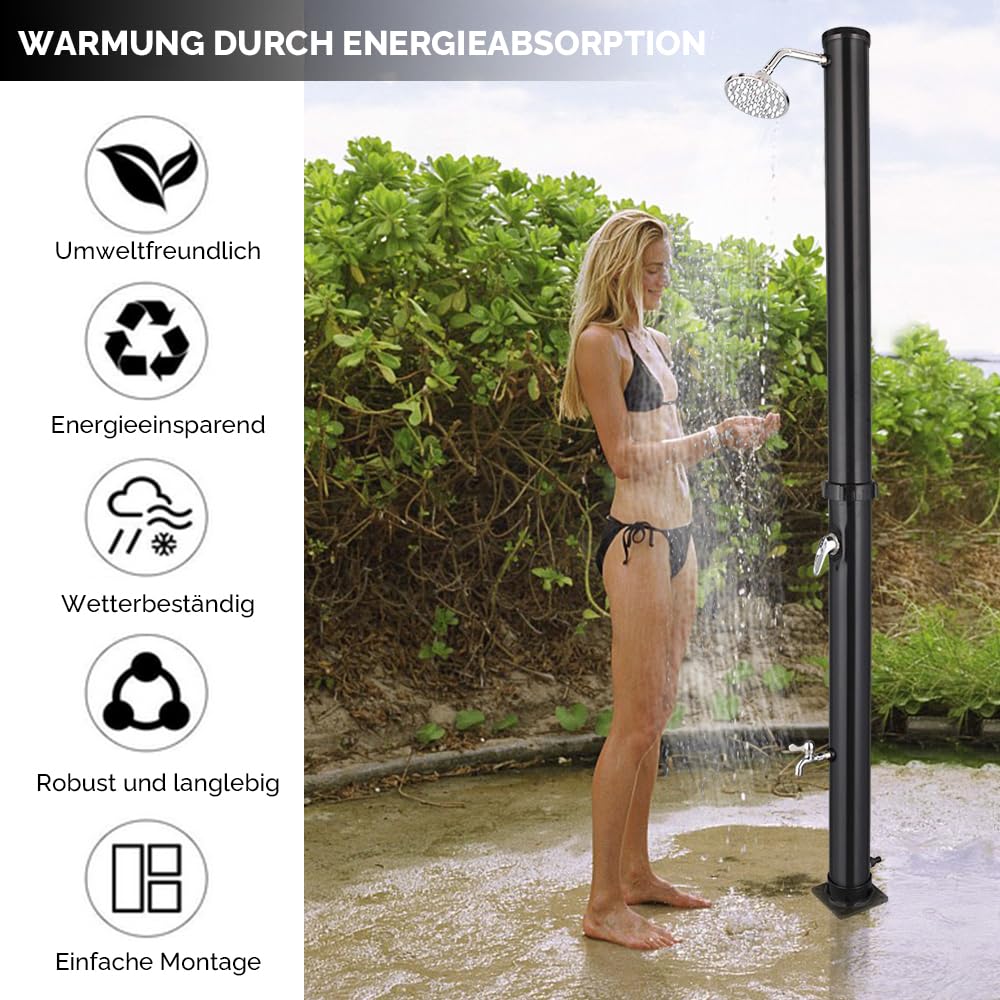 Bonnlo Solardusche Garten 20 Liter, 360° Drehbarer Duschkopf Fußdusche Gartenschlauch Anschluss, Winterfest Warmwasser Gartendusche Aussendusche Solar Garten Pool Strand Outdoor Dusche, Schwarz