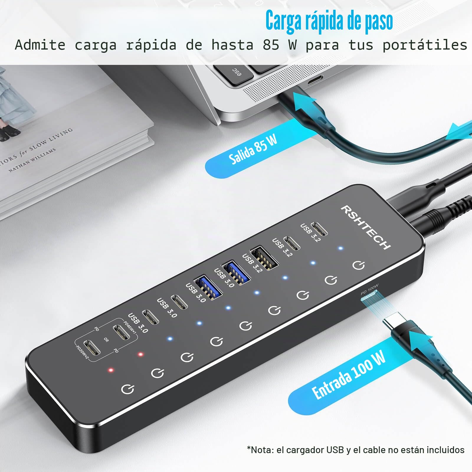 RSHTECH Hub USB Alimentado, 10 Puertos Hub USB C Que 3 Puertos USB 3.2 a 10Gbps (2C+1A), 4 Puertos USB 3.0 a 5Gbps (2C+2A), 2 Puertos USB-C de Carga Rápida a 45W, PD 100W, Adaptador 66W, RSH-ST10P