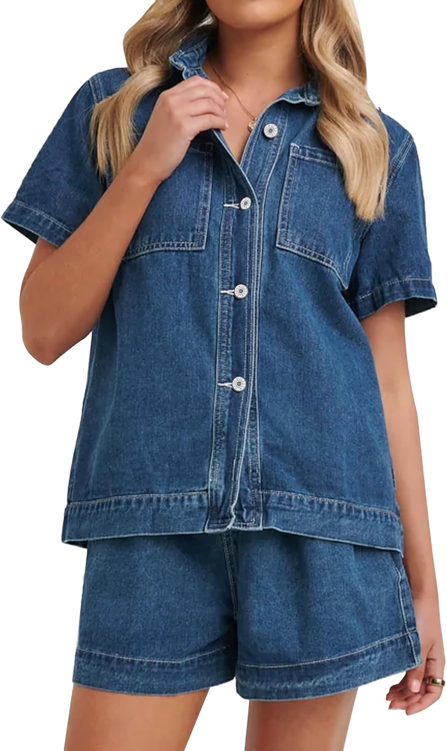 Kedera Summer Denim Set for Women 2 piece Casual Short Sleeve Boxy Shirt Tops and Shorts Pants Lounge Sets Outfits