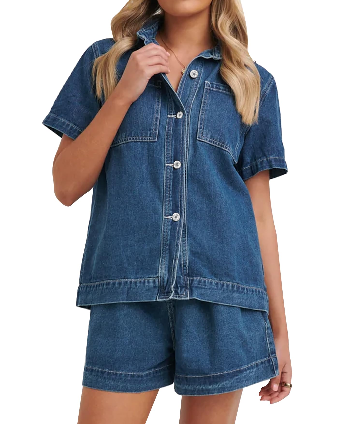 Kedera Summer Denim Set for Women 2 piece Casual Short Sleeve Boxy Shirt Tops and Shorts Pants Lounge