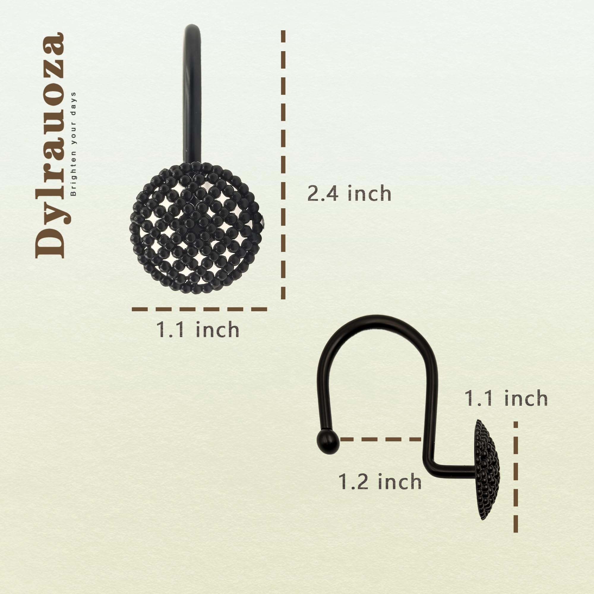 Ganci per tenda da doccia in rete nera con perline 3D, confezione da 12 anelli decorativi in metallo curvo antiruggine per bagno, compatibili con aste doccia standard