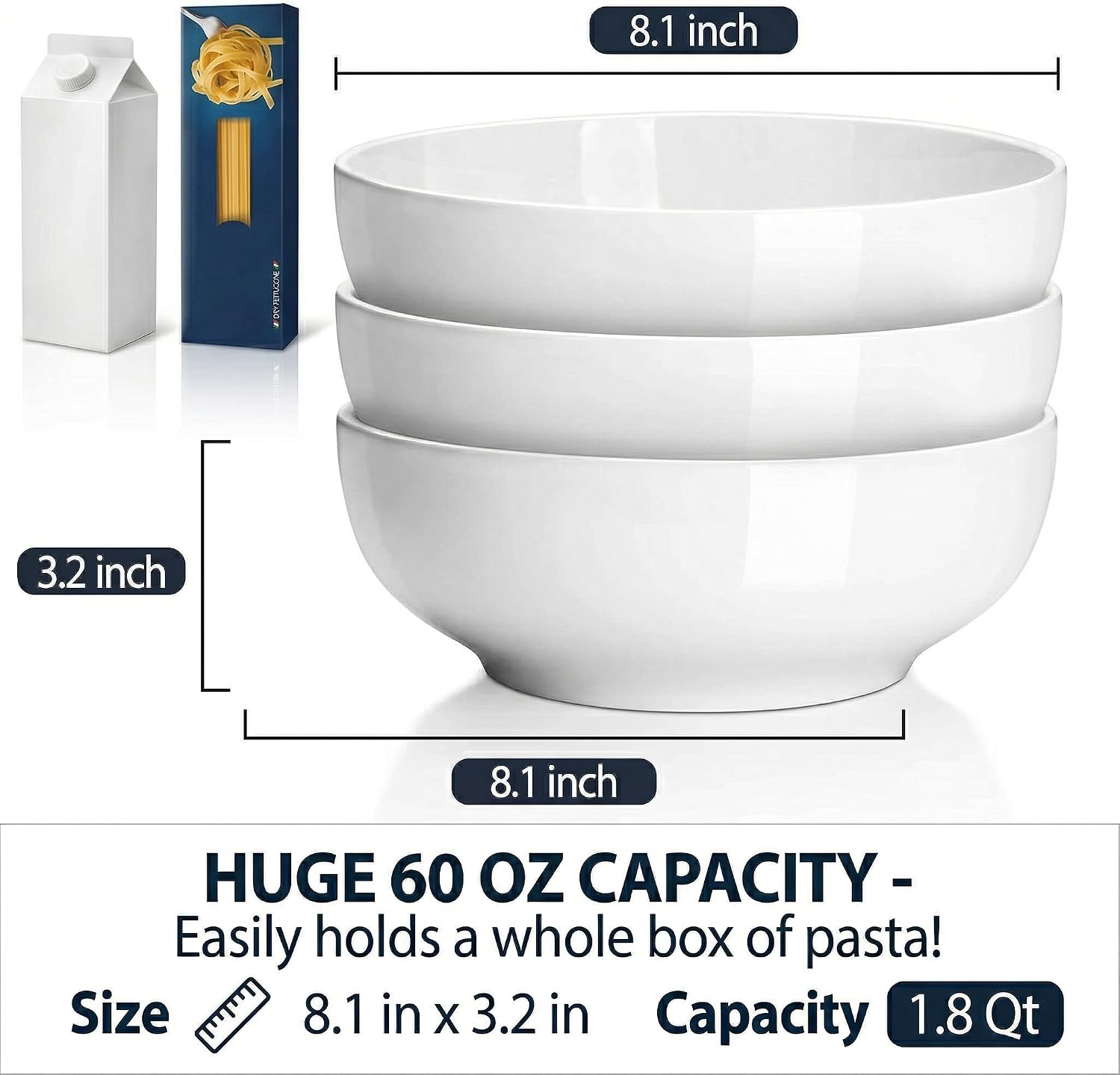 DELLING 60 Oz Large Serving Bowls Set of 3, 8 Inch White Ceramic Mixing Bowls - Soup Salad Pasta Ramen Bowls for Kitchen, Microwave Dishwasher Safe, Porcelain image 2