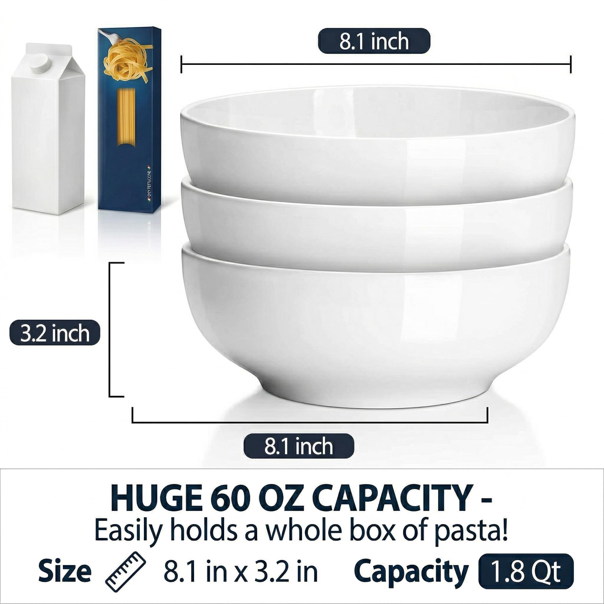 Delling 1.8 l,1.7 l großes Servierschalen-Set, 20.3 cm weiße Keramik-Suppenschüsseln, große Salatschalen für Küche, Ramen, Mikrowelle und Geschirr Waschmaschinenfest 3er-Pack