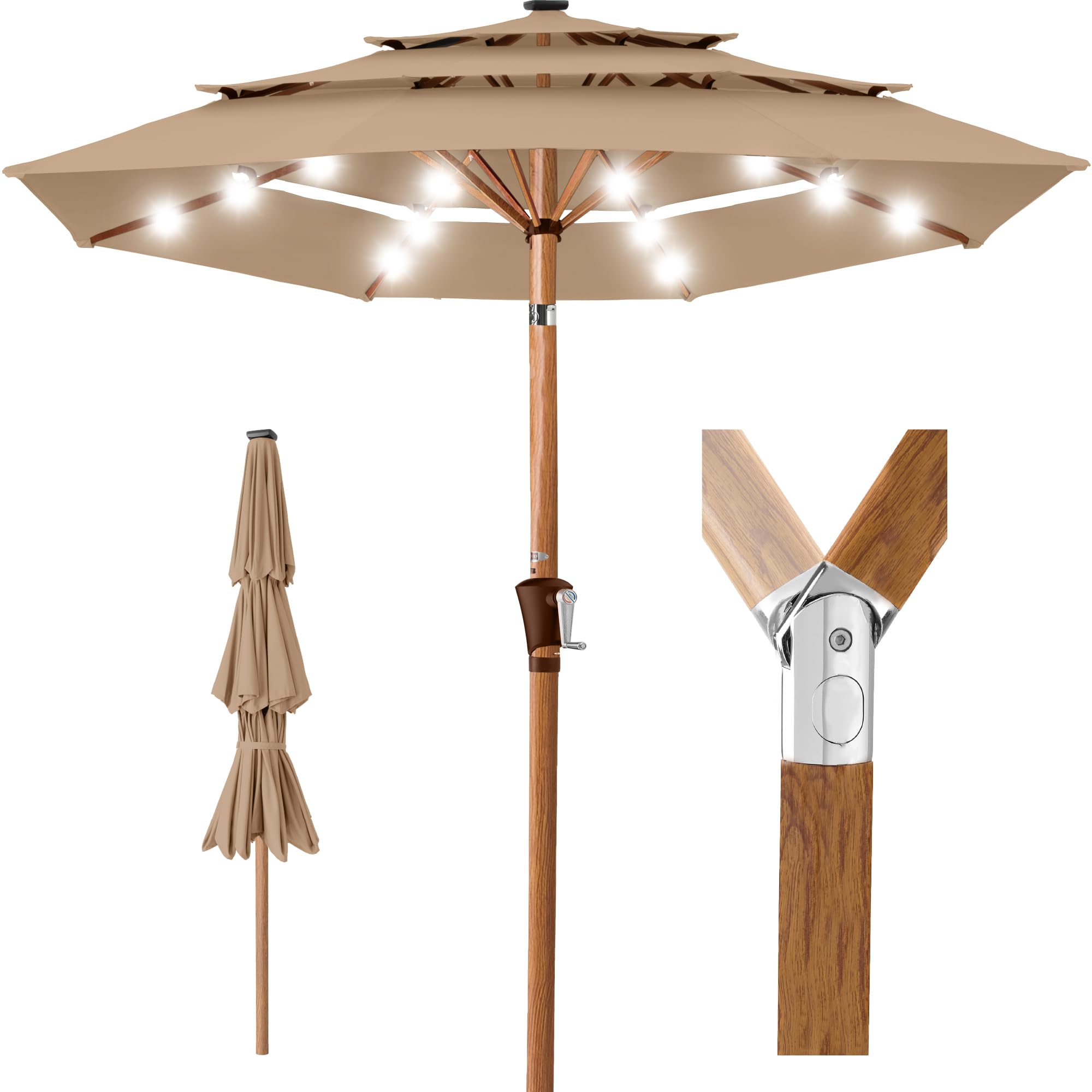 Best Choice Products Woodgrain Pattern 10ft 3-Tier Solar Patio Umbrella w/ 24 LED Lights Tilt