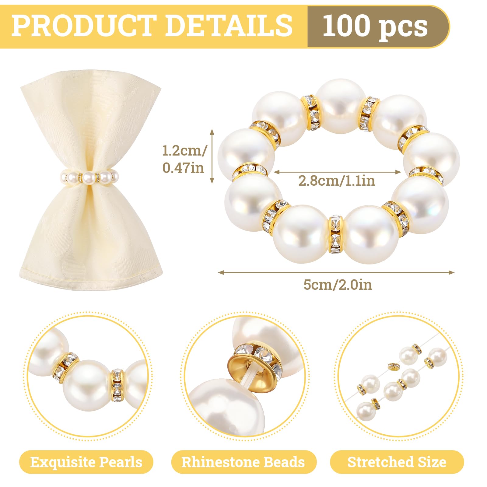 Suream Lot de 100 ronds de serviette dorés avec perles d'imitation pour mariage, dîner, fête, cuisine, table d'anniversaire (blanc et doré, 5,1 cm)