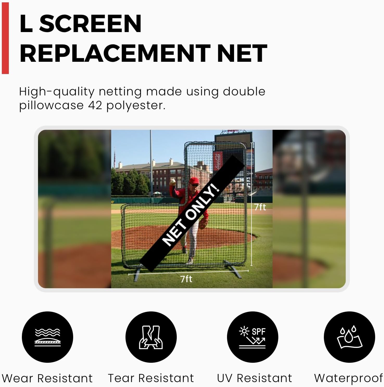 Trigon Sports Pitcher's L Screen Replacement Net, Softball & Baseball Pitching Net, Batting Cage with Frame, L Shape Net for Training, Size: 7' x 7' (NET ONLY)