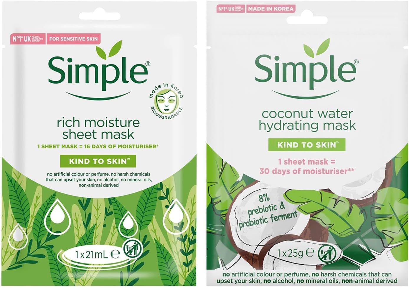 Simple Hydrating Coconut Face Mask & Rich Moisture Sheet Masks 10 Pack - Biodegradable Face Masks for Sensitive Skin, Moisturising Facial Treatment