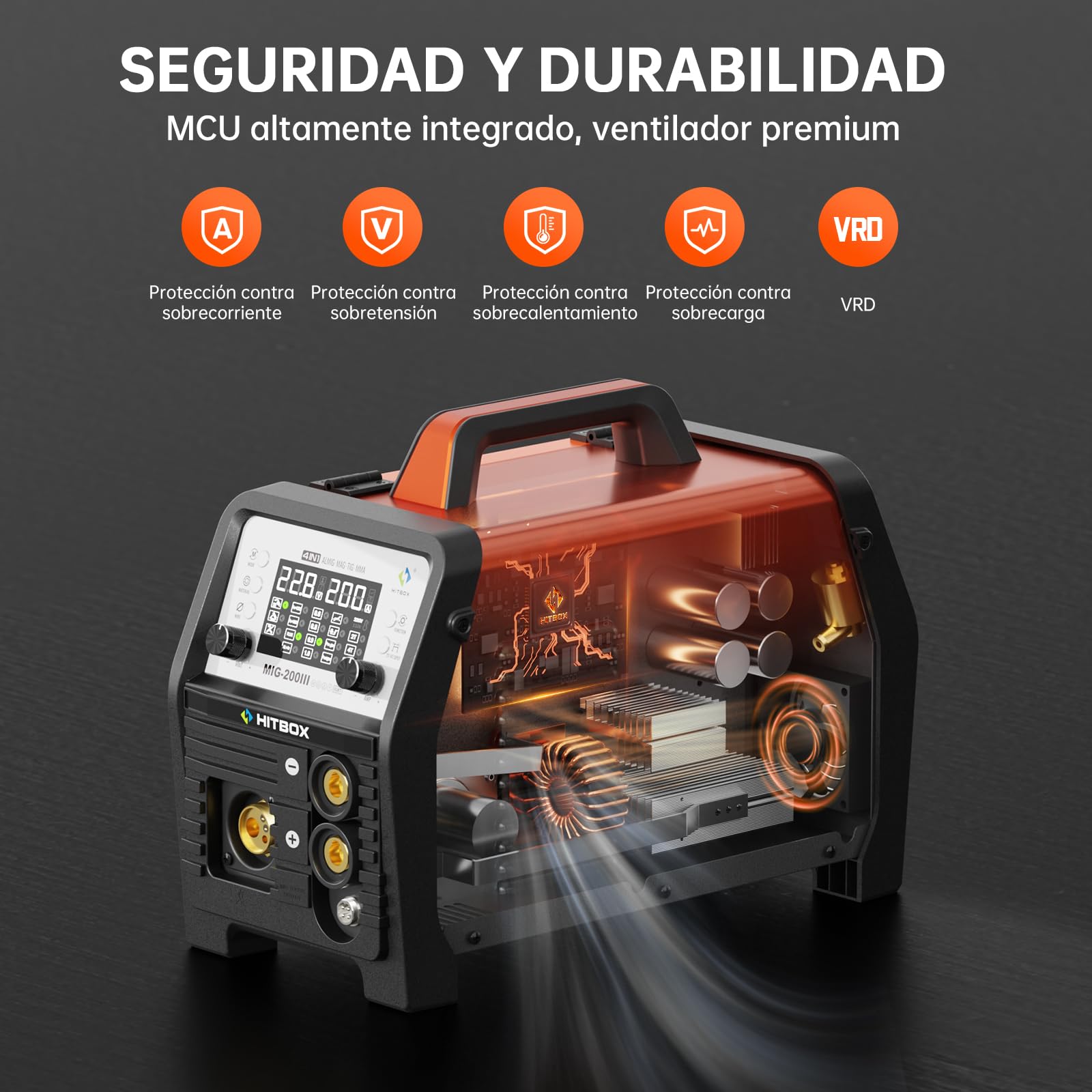 HITBOX Soldadora MIG Aluminio 200A, Soldadora Multifunción 7-en-1 con MIG Con Gas/Sin Gas, Electrodo, Lift TIG, Soldadura por Puntos y Pistola de Carrete (MIG200III)