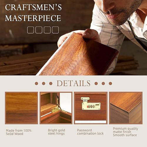 Miniatura 3 de Large Wooden Box with Hinged Lid with Combination Lock,Wood Storage Box Decorative Lockable Chest for Keepsakes, Valuables, Accessories, Treasured