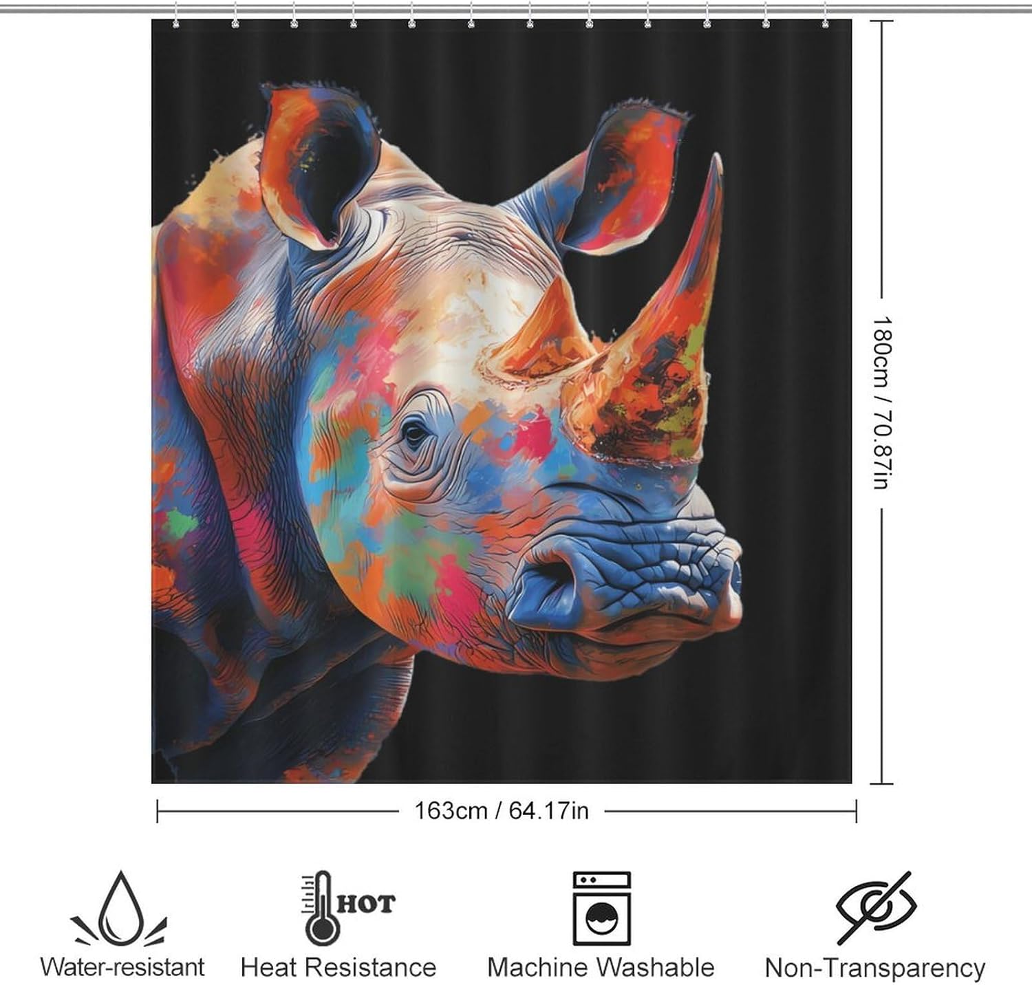 Rhinoceros Colored Funny Shower Curtains Washable Bath Curtain Liner with Hooks for Bathroom Bath Tubs