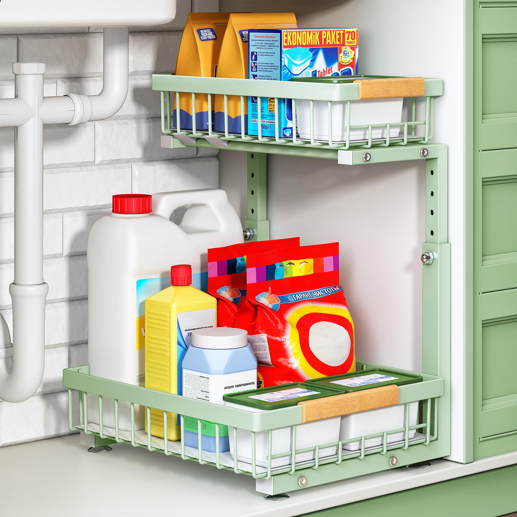 Kitstorack Under Sink Organizer, 2 Tier Under the Sink Storage, Slide out Pull out Cabinet Organizer Shelf, Metal Sliding Drawer for Kitchen Bathroom Pantry Closet Organization Rack, Green, 1 Pack
