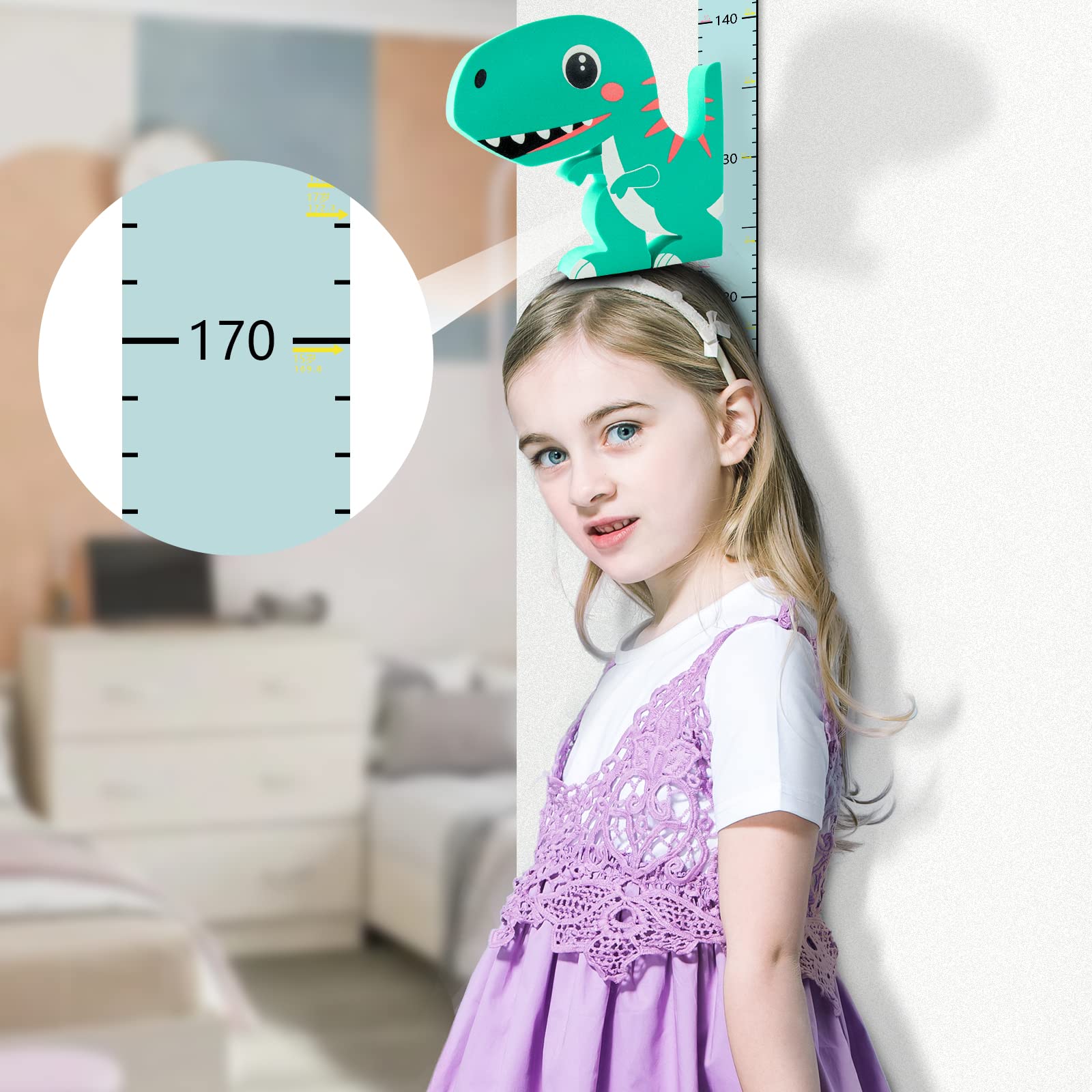 Metro da Parete per Bambini 3D Dinosauro Mobile Grafico di Crescita Tabella di Misurazione Altezza