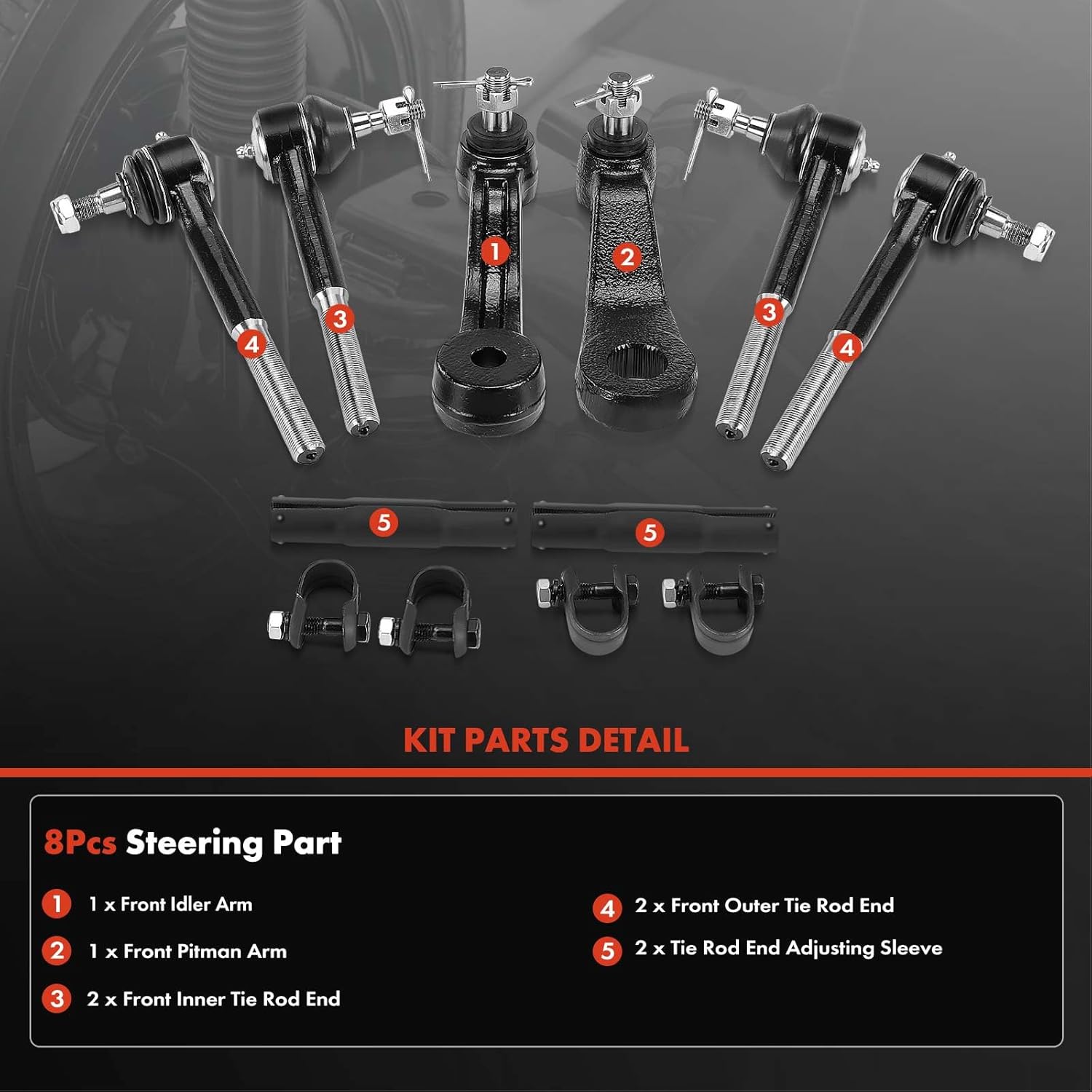 A-Premium Set of 8, Front Inner Outer Tie Rod End & Sleeve, Idler Arm, Pitman Arm, Compatible with Chevrolet & GMC & Cadillac - 1993-2000 - Tahoe Blazer Yukon Escalade K1500/K2500 (Suburban) K3500