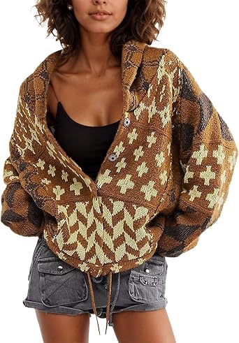 Oversized Y2K Printed Colorful Bat Cardigan for Women Button Down Collar Sweater Coats Fall Fashion Outfit