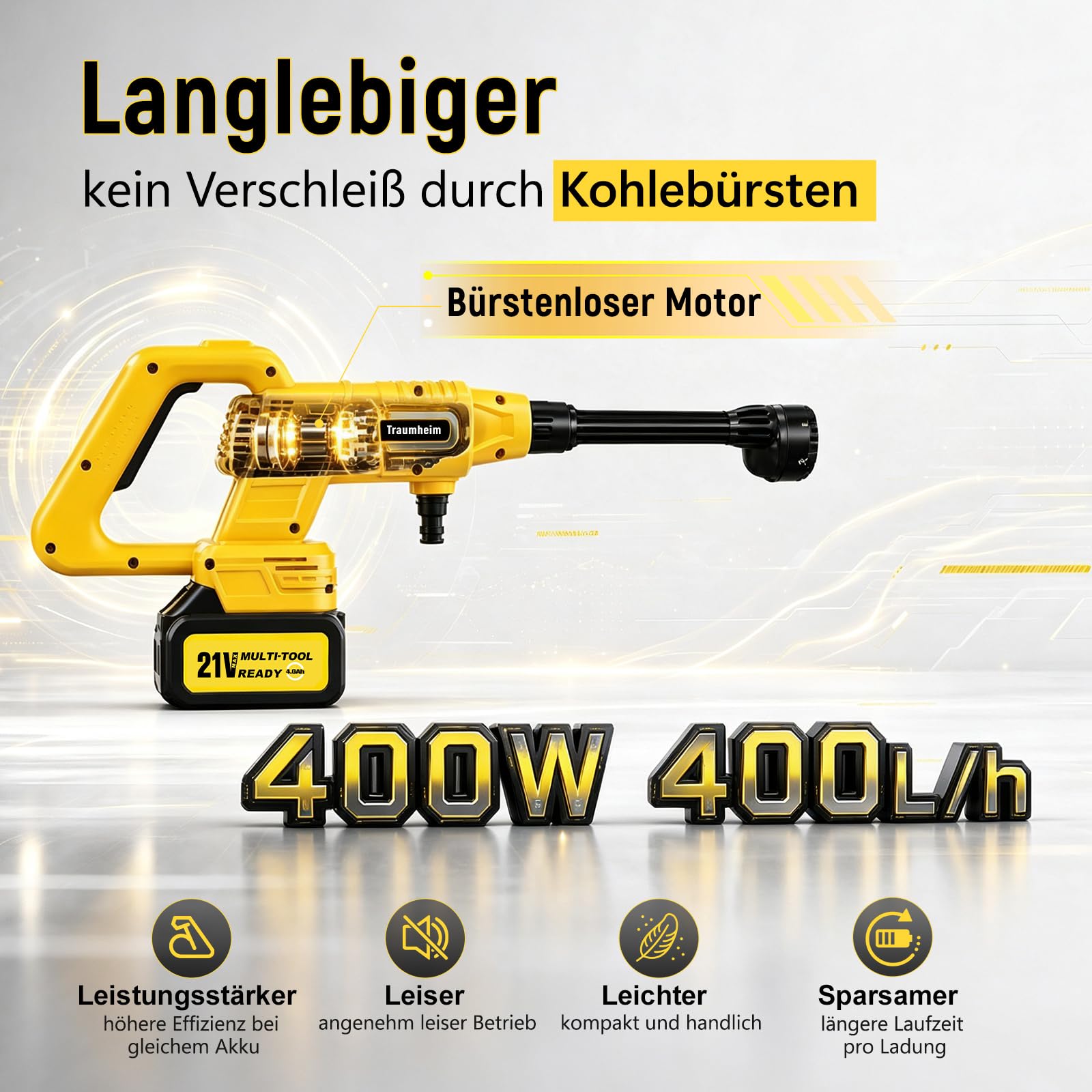 Akku-Bürstenloser Hochdruckreiniger 21V, 2X 4000mAh Akkus | Bürstenloser Motor, 180°/360° Drehdüse, 6 in 1 Düse, Flaschenanschluss, Verlängerungsstange