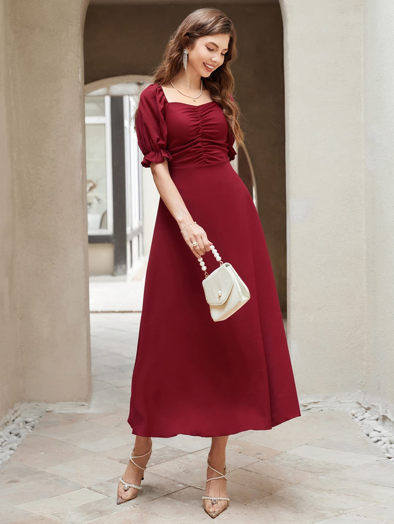 Shasmi Girl's & Women's Solid Maroon A-Line Ruched Puff Sleeve Maxi Long Evening One Piece Long Dress for Women Stylish (Dress 131 Maroon-S) - Image 6 thumbnail