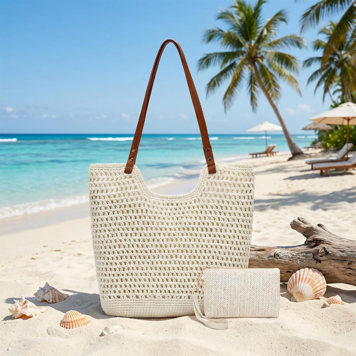 Crochet Beach Bag, Boho Summer Beach Tote for Women Vacation, Soft Travel Woven Bag with Leak-Proof Lining