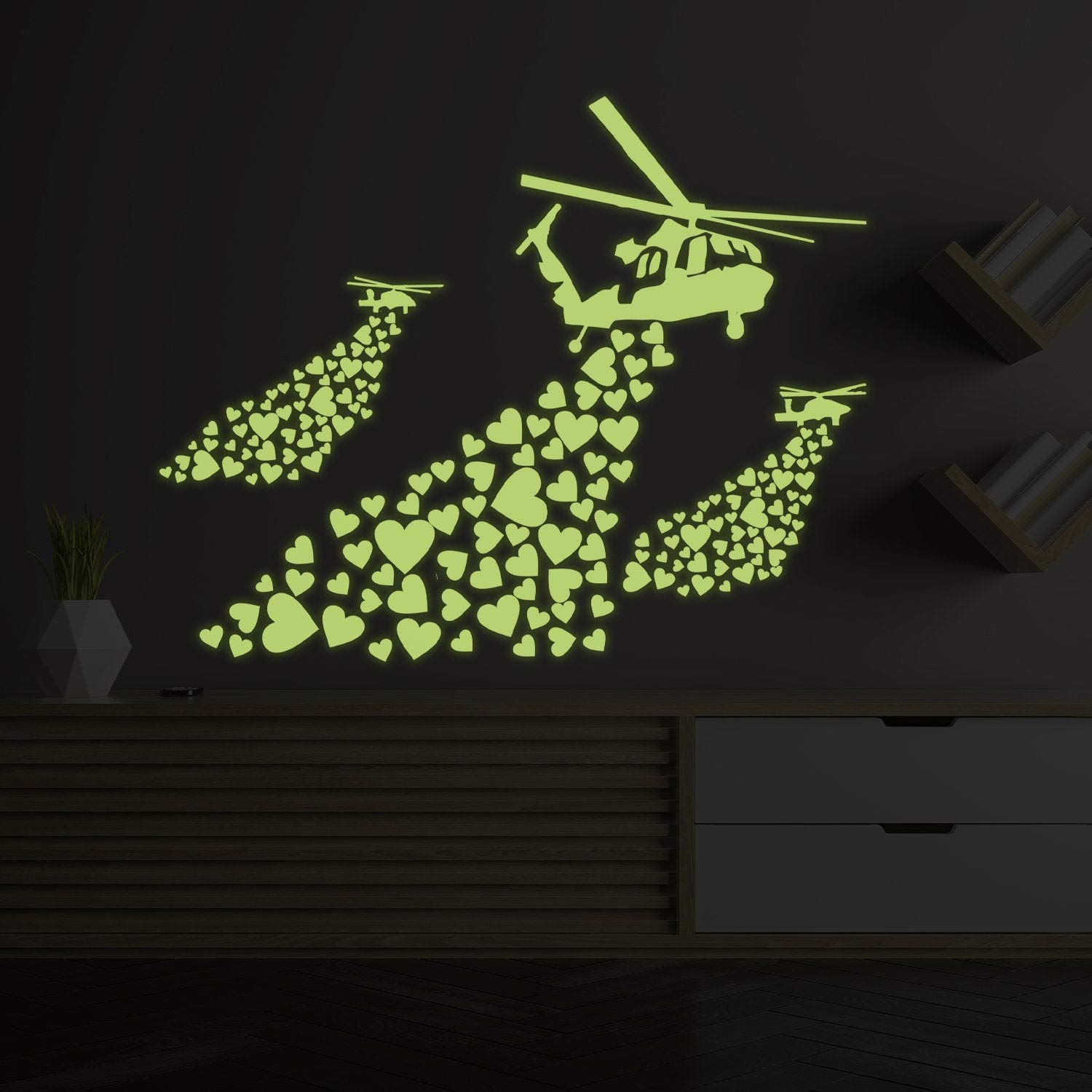 Glow In The Dark Wand Vinyl Sticker Art - Leuchtstoff Neon Nachtleuchtend Licht Aufkleber Kinderzimmer Stick - Banksy Helikopter Hearts Graffiti