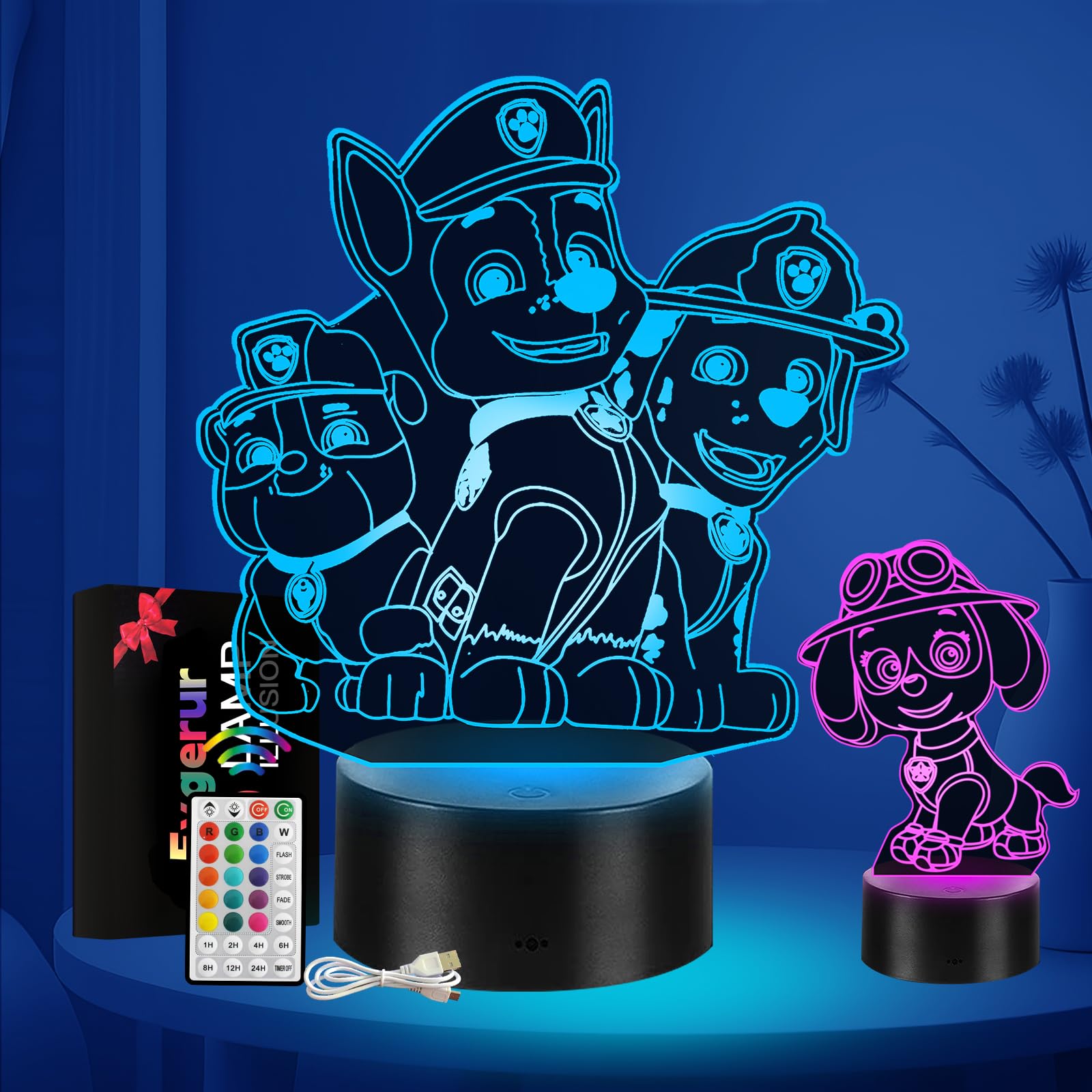 2 Stück Paw Dog Lampe mit Timer, Dog Patrol Geschenke, 3D LED Illusion 16 Farben Paw Dog Nachtlicht USB Smart Touch Fernbedienung Tischlampe Dog Licht für Kinderzimmer Dekoration Urlaub Geschenke