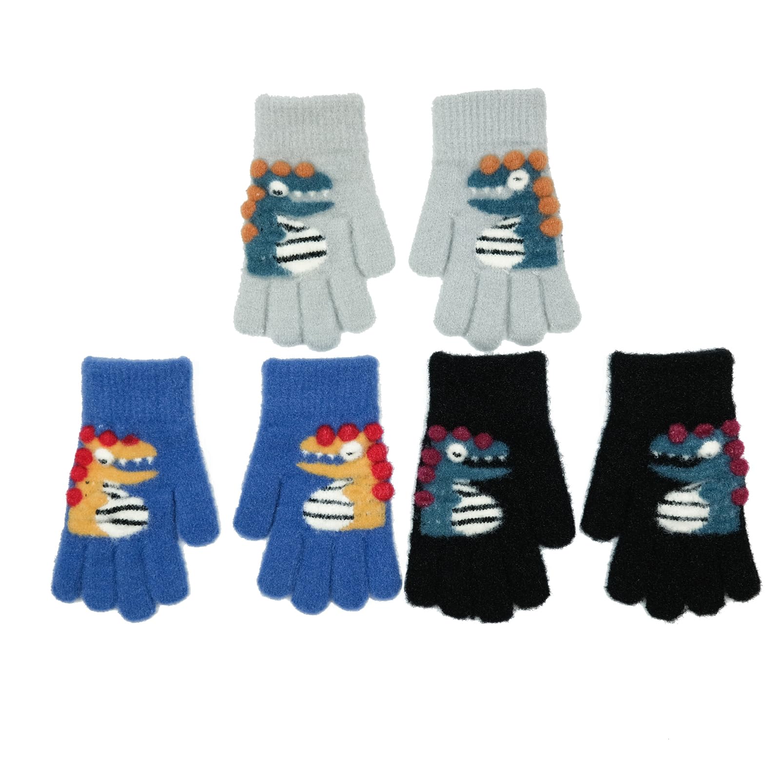 QKURT 3 Pares de Guantes para niños de 3-8 años, Lindos Guantes de Dinosaurio de Dibujos Animados Guantes mágicos cálidos de Invierno Guantes para niños con Dedos Completos para niños y niñas