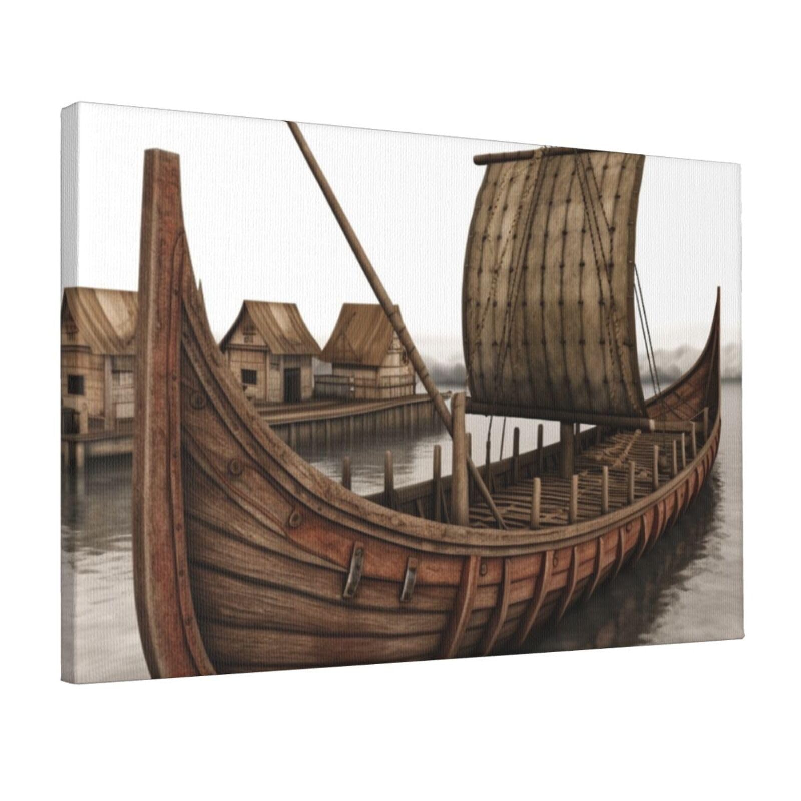 KLOPH Old Viking Boat Canvas Wall Art for Living Room 12"x18" Modern Artwork Painting for Bathroom Hanging Canvas Prints Aesthetic Wallart for Bedroom Kitchen Office Wall Decor