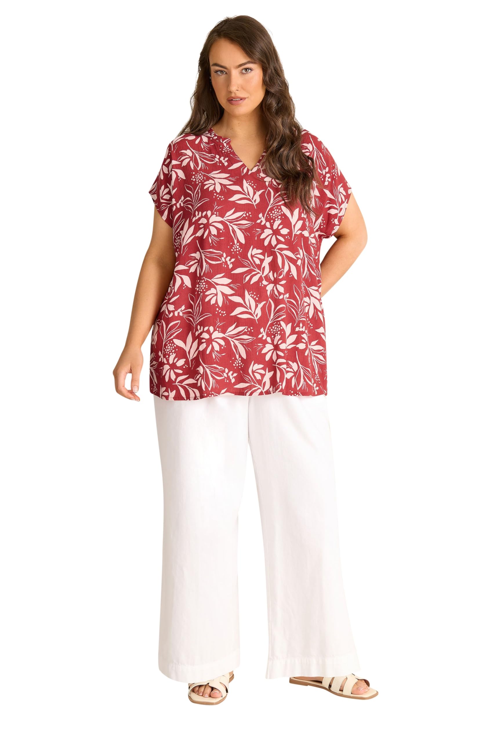 Evans Women's Orange Curve Leaf Print Notch Neck Blouse - Plus Size Curve