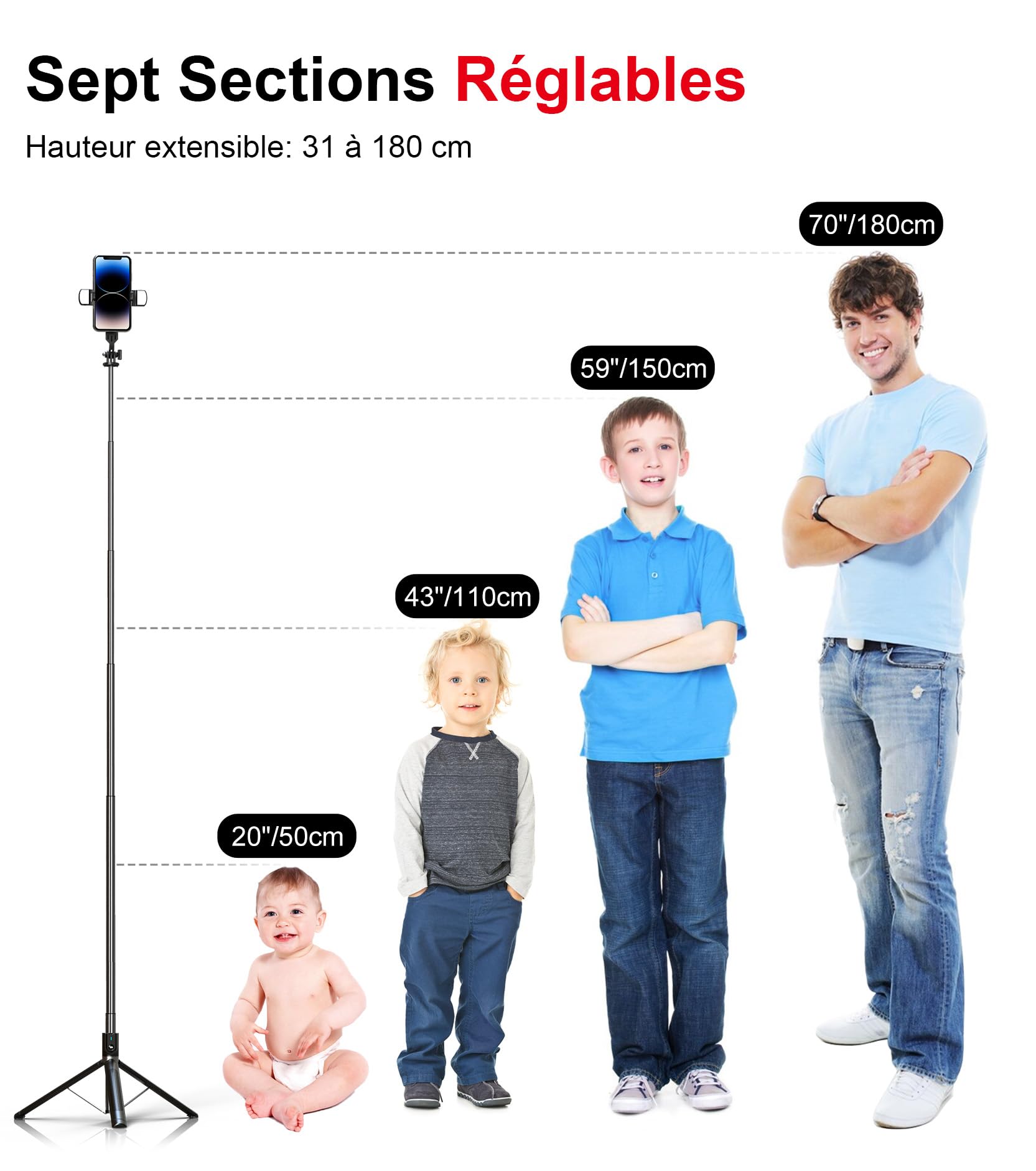 Perche à Selfie Trépied pour Smartphone - ASHINER 180cm Hauteur Support de Téléphone avec Télécommande et Lumières LED pour Voyages, Vlogs, Vidéos et Photos, Compatible avec Les iPhone et Android
