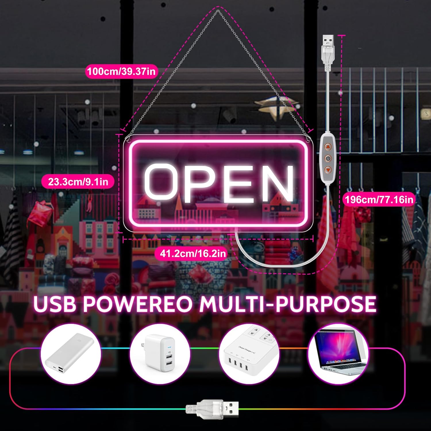 inShareplus 16"x 9" Dimmable Neon Open Sign for Business, Open Signs By USB with ON/OFF, Ultra Bright Sign Open for Stores, Restaurants Offices Shops Window (Pink-White) - Image 5