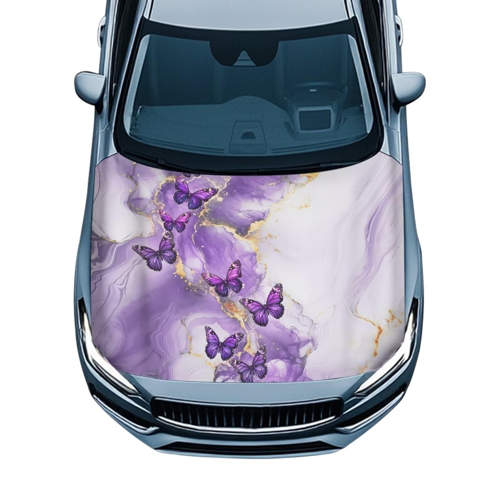 Car Hood Cover,Marble Purple Butterfly Car Bonnet Banner, Universal Fit, Stretchable, Waterproof Automotive Hood Covers