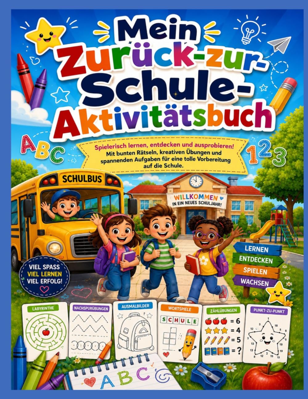 Mein Zurück-zur-Schule Aktivitätsbuch: Lustige und lehrreiche Aktivitäten für Kinder mit Labyrinthen, Nachspurübungen, Ausmalbildern, Wortspielen, ... und spielerischer Schulvorbereitung