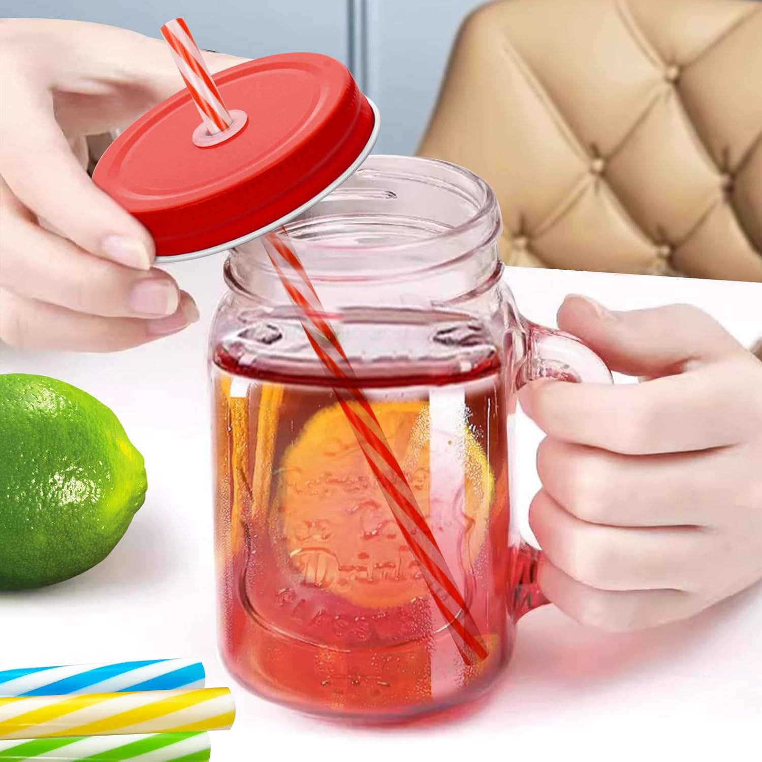 16 oz Glass Mason Jars with Handles Set Of 4 Colored gradient Embossed and Metal Lids and Hard Plastic Straws Drinking Glasses Cups Mug Set for Iced Coffee, Tea - Image 3