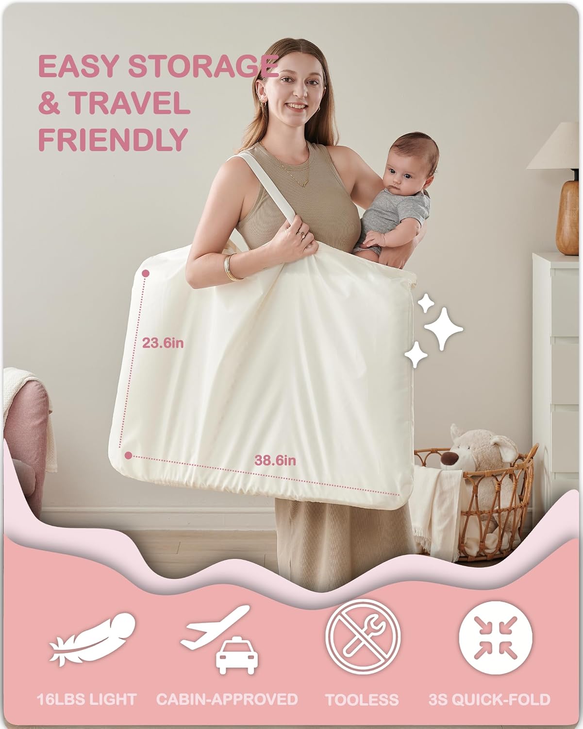Images showing washable fabric cover, breathable mesh, and compact size