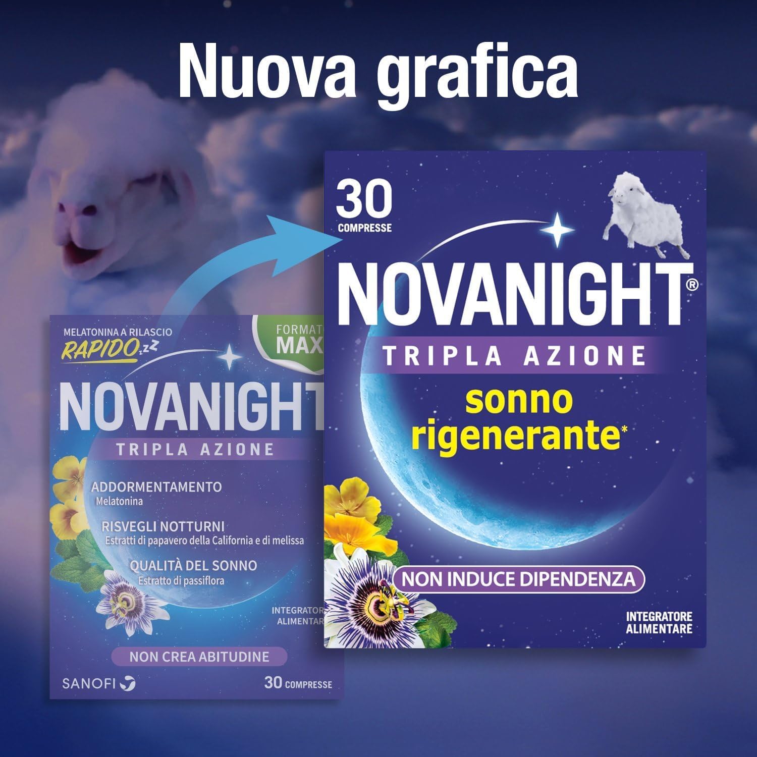 Novanight Tripla Azione Melatonina per Dormire, Integratori per Dormire, Disturbi del Sonno - Senza Glutine, con Melatonina, Escolzia, Passiflora, Melissa, Non Induce Dipendenza (30 Compresse)