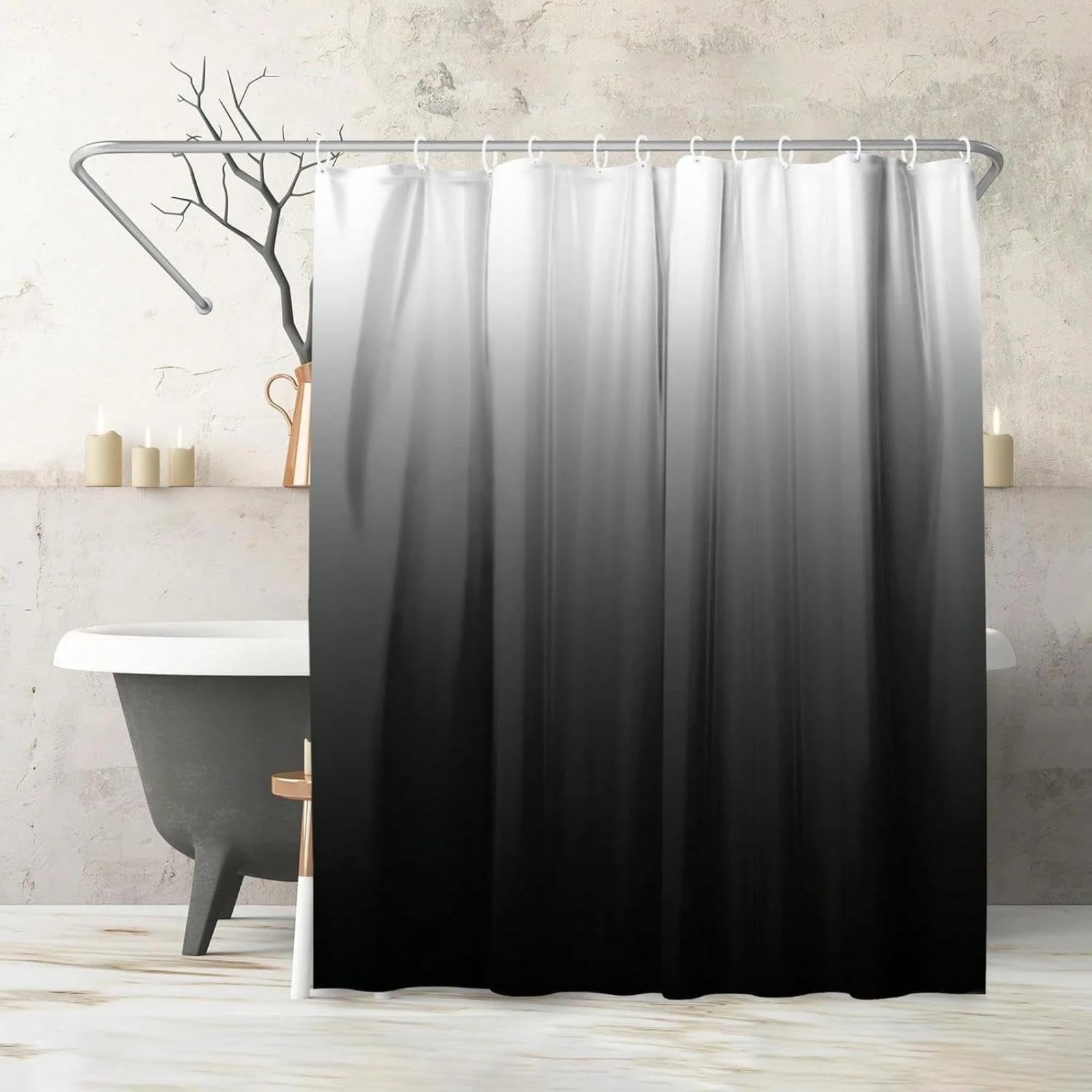 Rideau de Douche Noir ombré, Rideau de Douche en Tissu pour Salle de Bain, avec œillets métalliques et Crochets en Plastique, 220 x 200 cm (87 x 79 Pouces)
