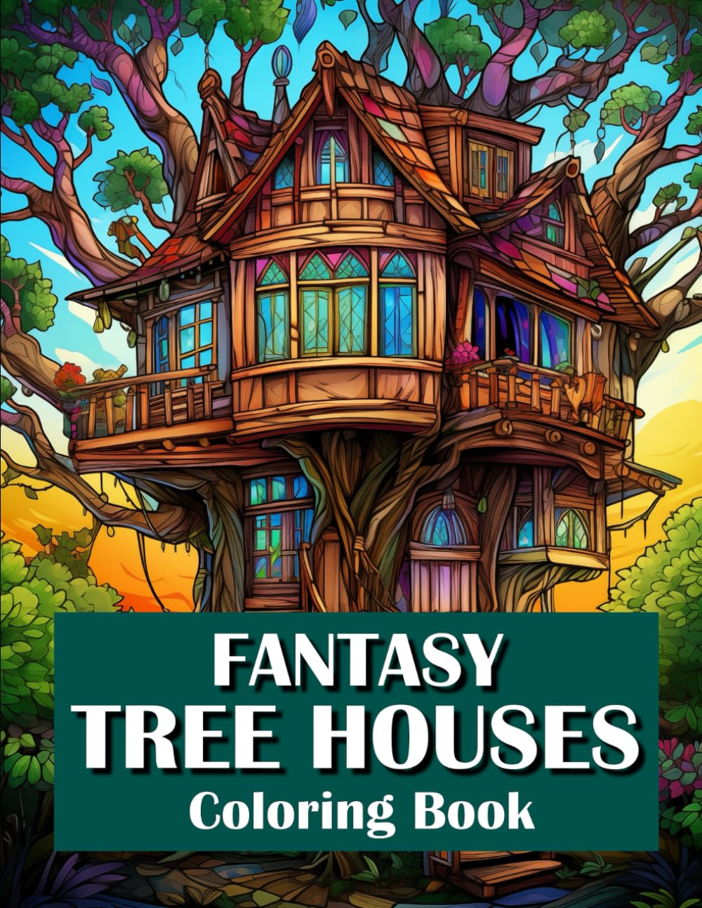 FANTASY TREE HOUSES – 42 Illustrations to color of fantastic tree houses in a variety of styles: 8.5" x 11" pages, with a blank page behind each image to prevent bleed.