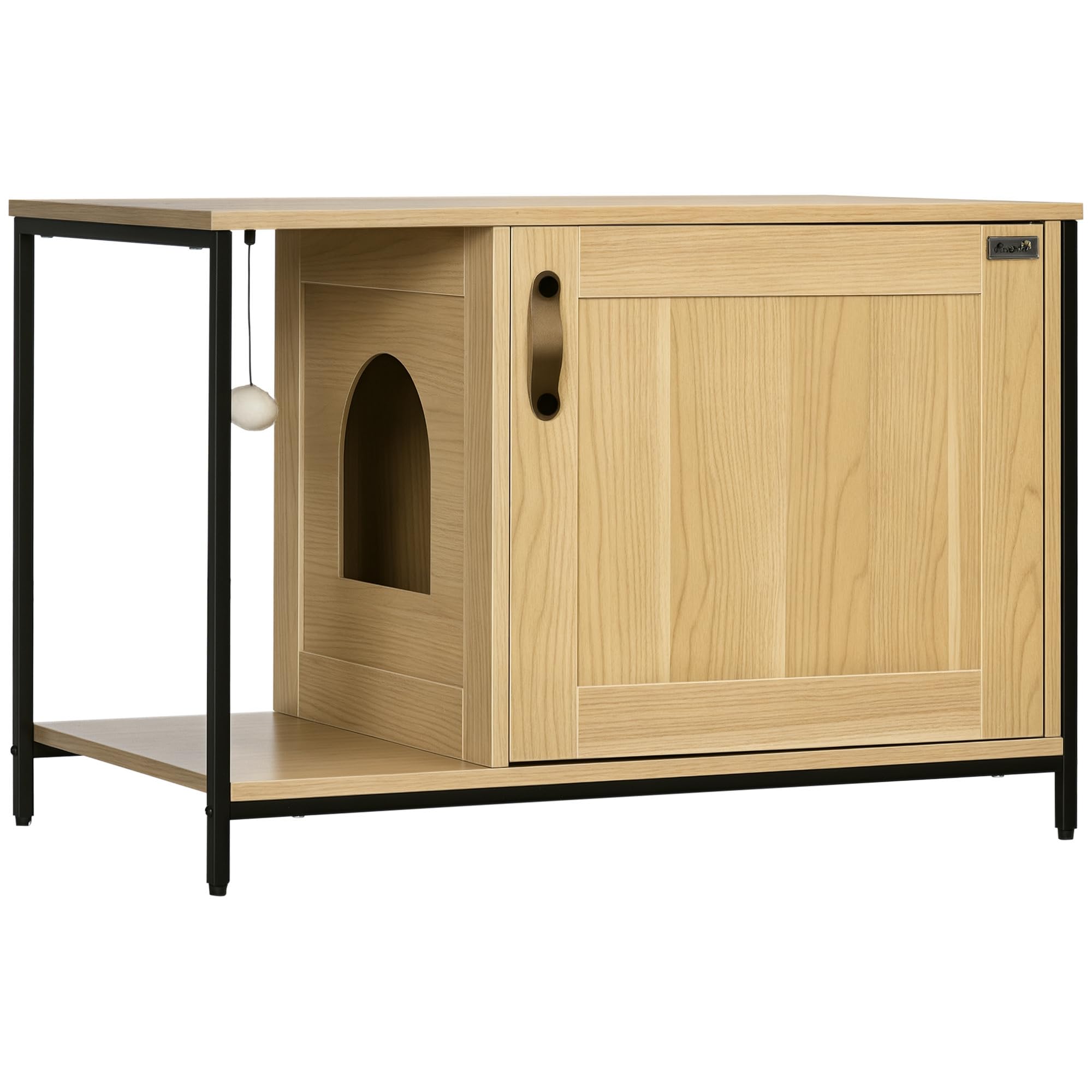 PawHut Maison de Toilette pour Chat Meuble Cache litière pour Chat Style Industriel Porte entrée latérale Boule Suspendue châssis Acier Aspect Bois Clair | Cache Litière, Porte Entrée Latérale, Boule Suspendue, Châssis Acier